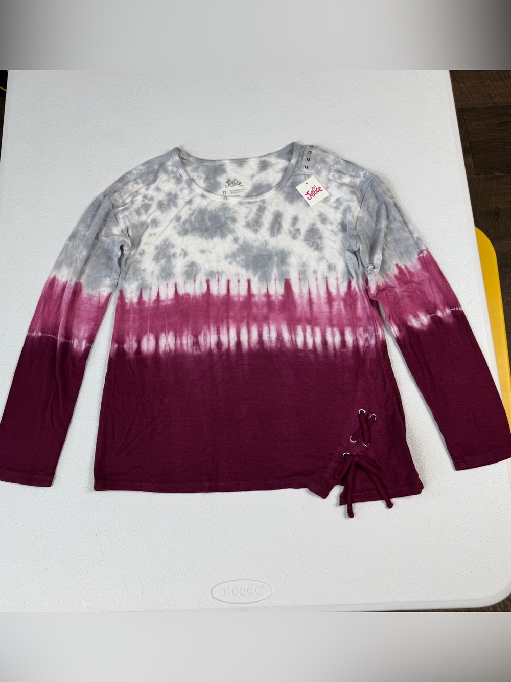Justice Girls Long‎ Sleeve Maroon Gray Tie Dye Top Size 12 Side Tie Detail NWT